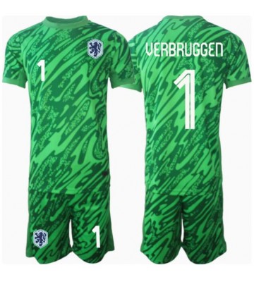 Netherlands Bart Verbruggen #1 Goalkeeper Replica Home Stadium Kit for Kids Euro 2024 Short Sleeve (+ pants)
